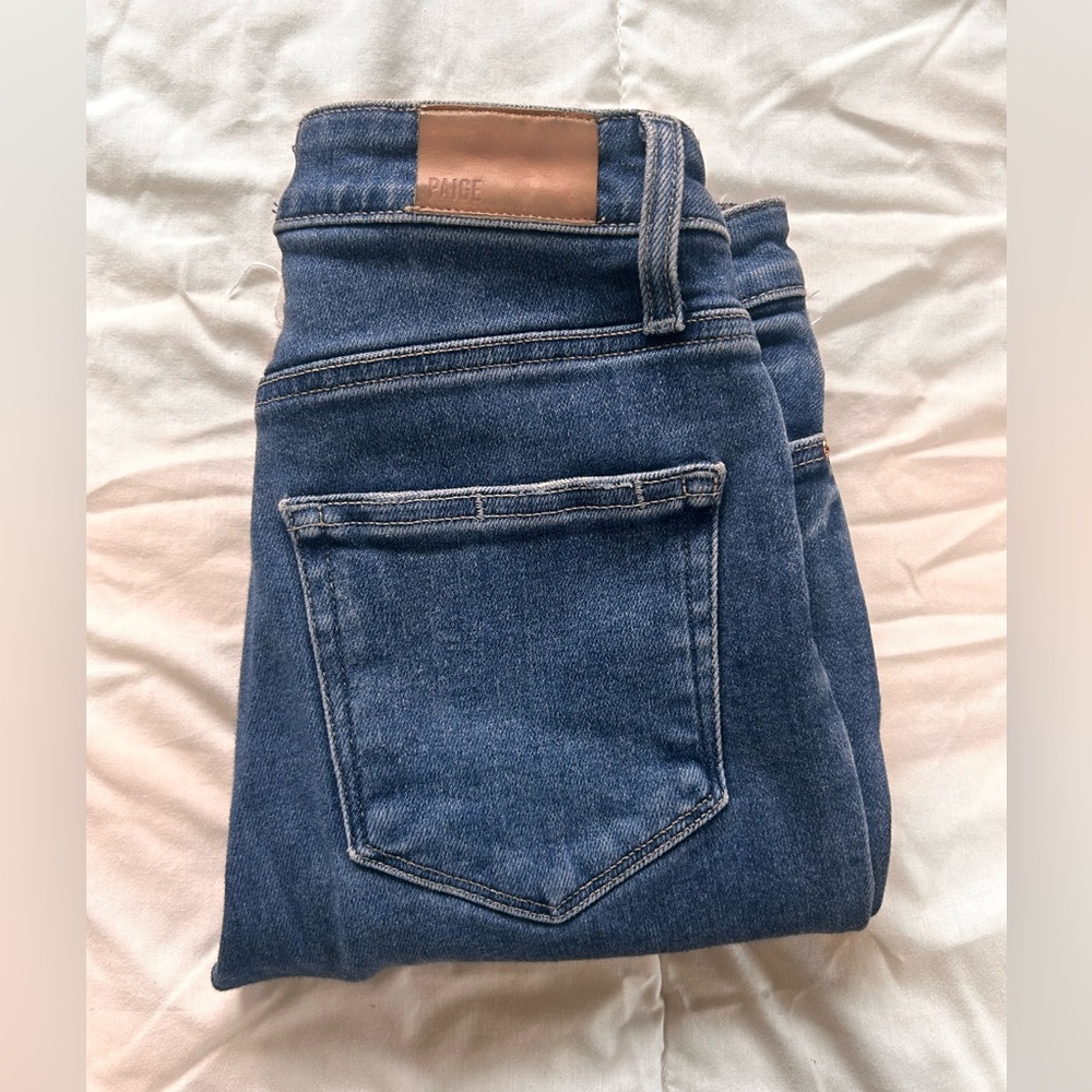 PAIGE Classic Blue Jeans with Tan Leather Patch
